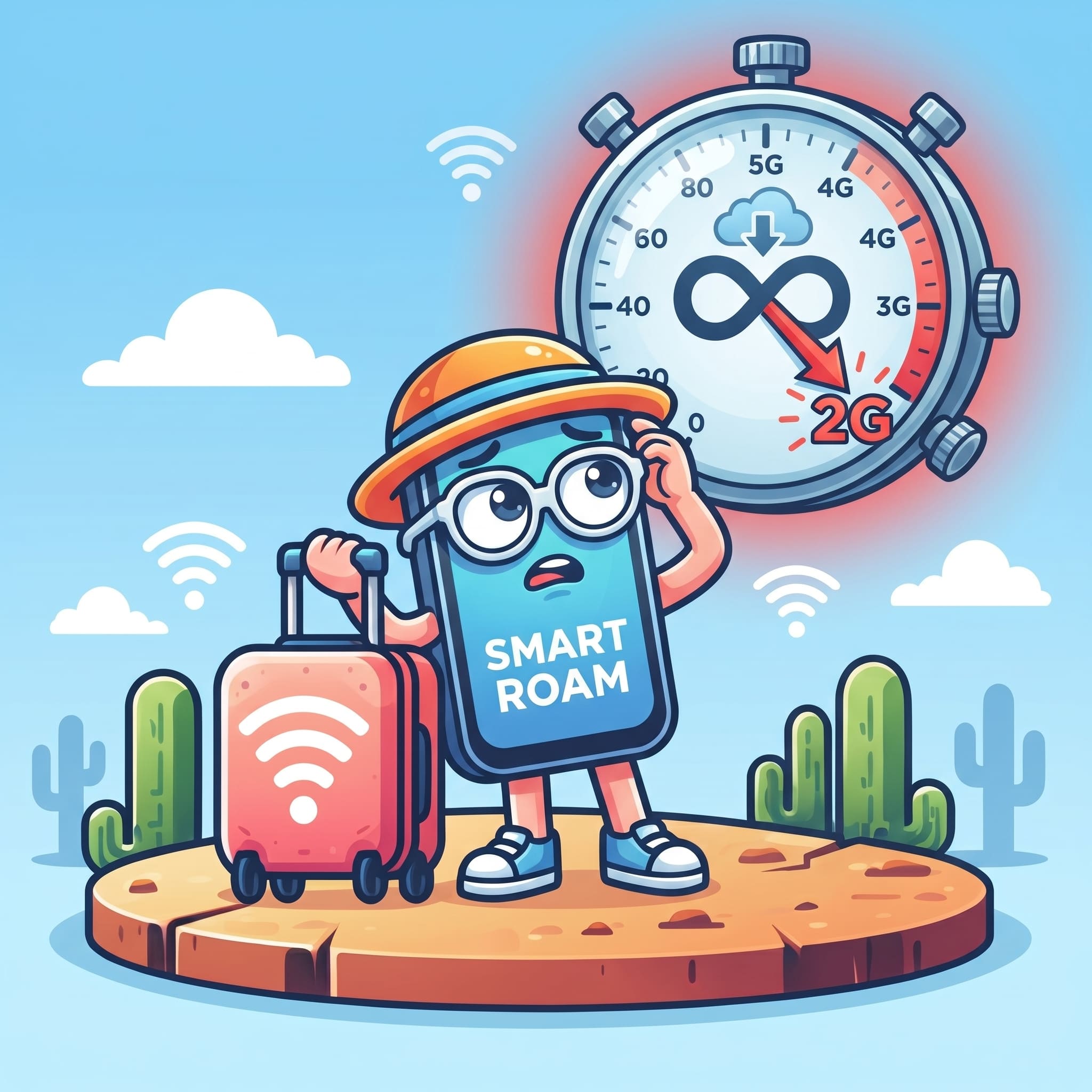 SmartRoam phone mascot looking confused at a speedometer dropping from 5G to 2G speeds with an unlimited data symbol