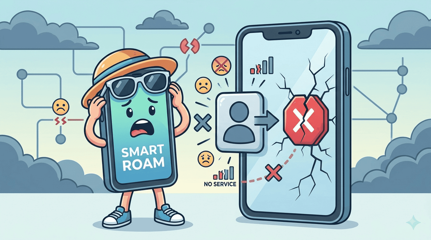 SmartRoam phone mascot looking shocked next to a smartphone screen displaying a deleted eSIM profile and an error icon.