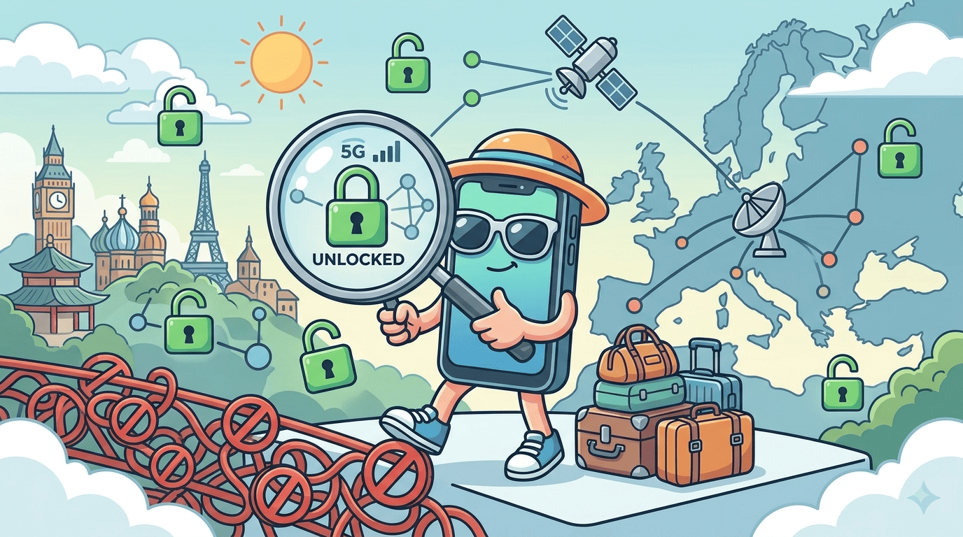SmartRoam phone mascot inspecting a smartphone screen with a magnifying glass next to unlocked padlock icons and travel baggage.