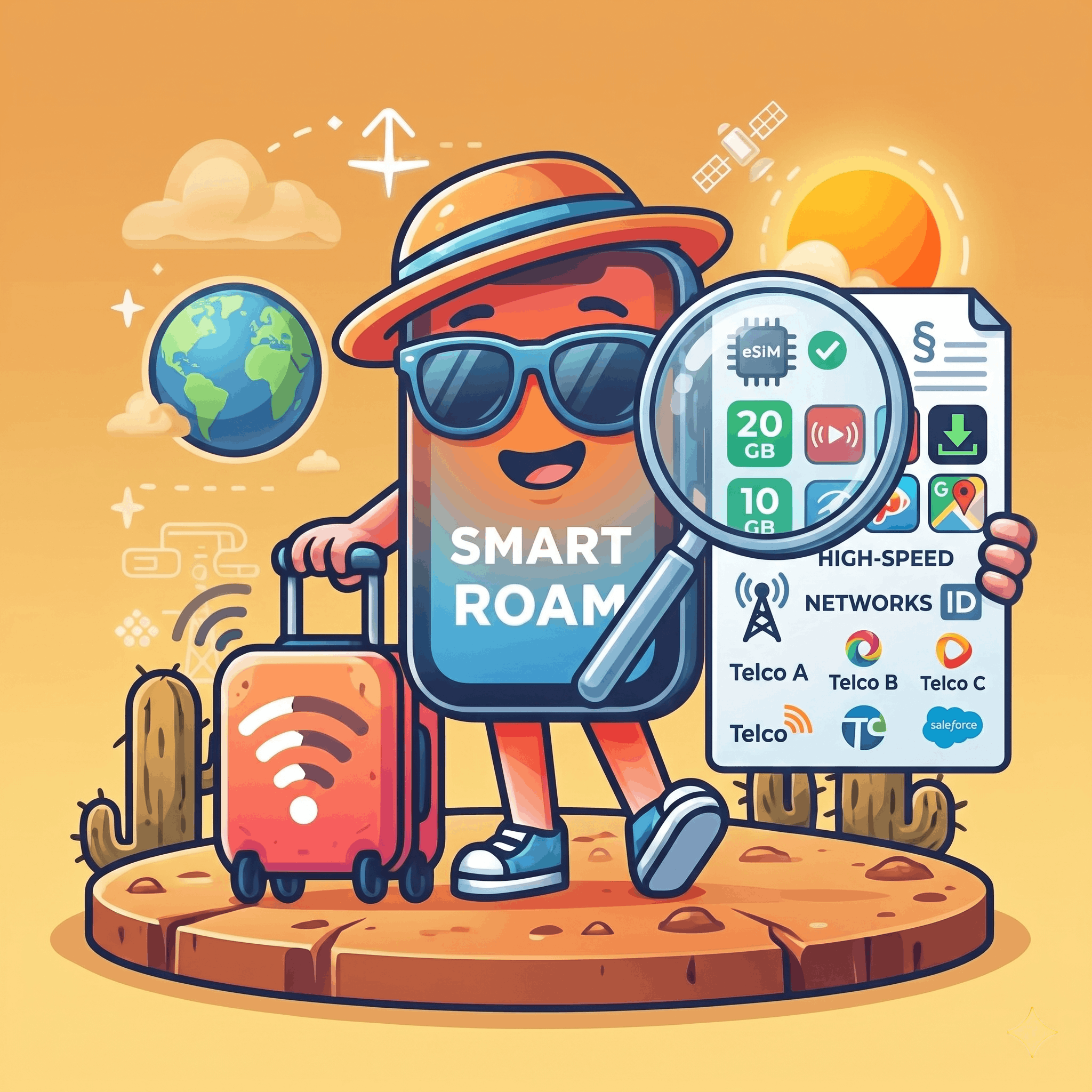 SmartRoam phone mascot holding a transparent magnifying glass over travel eSIM terms showing clear high-speed allowances and carrier network names